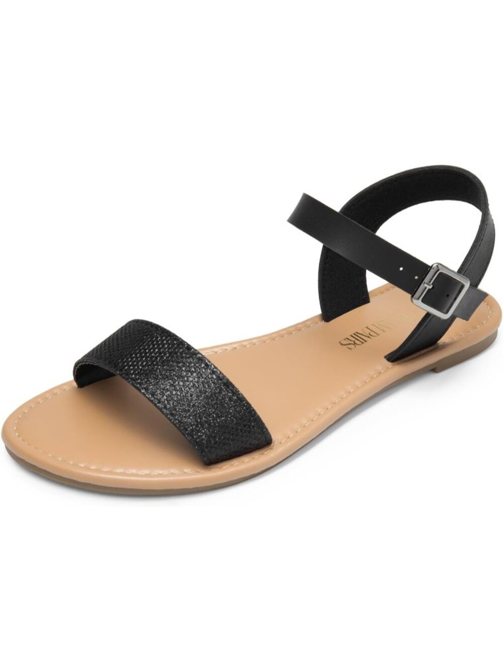 Women Black Glitter Flat Sandal Open Toe Ankle Strap Faux Leather Non Slip Shoes